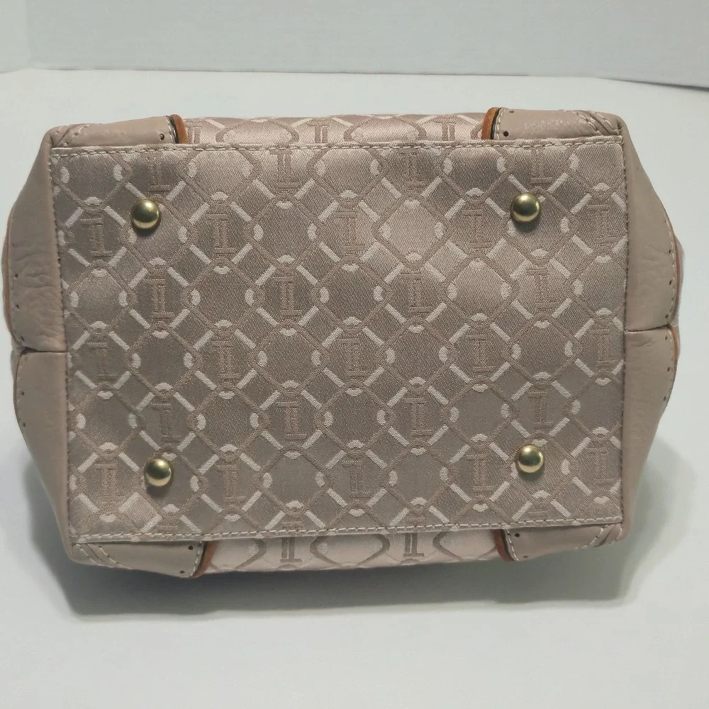 Tignanello Signature Satin Satchel‎ Shoulder Bag Handbag Purse Tan Leather Trim